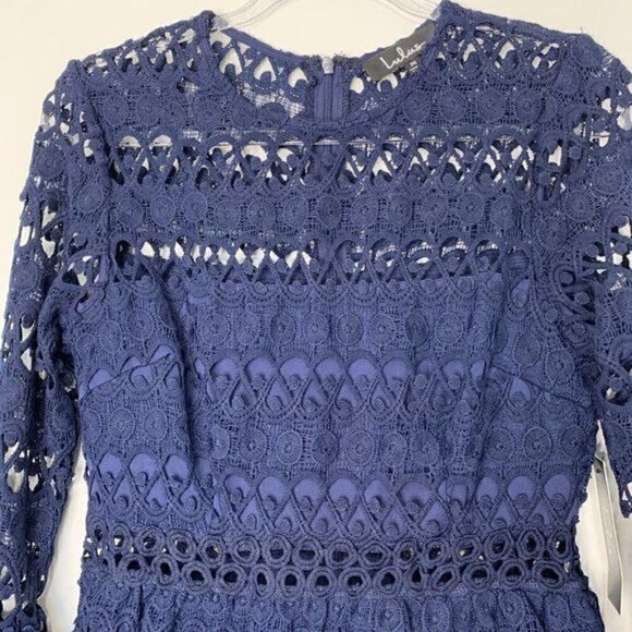 Lulu’s Love you Lots Navy Blue Lace Crochet Mini Dress Size M NWT - Picture 3 of 10
